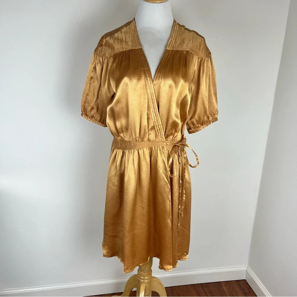 Anthropologie Maeve Silky Gold Orange Mini Wrap Dress Size M - Picture 2 of 5